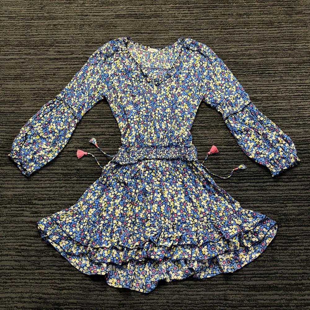 Poupette St. Barth Size M Blue Ilona Floral Print Smocked Ruffle Mini Dress